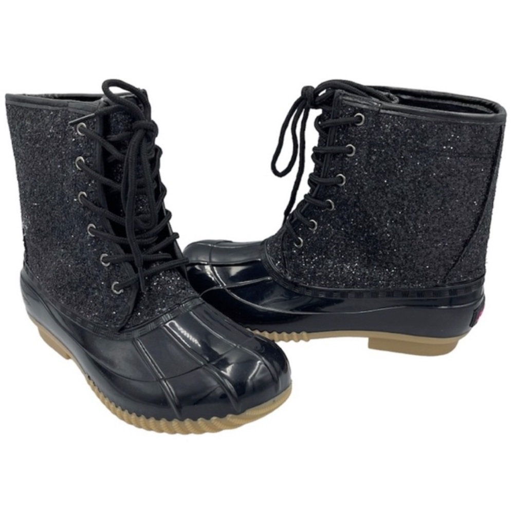 Sugar Black Glitter Lace-Up Duck Rain Boots NIB